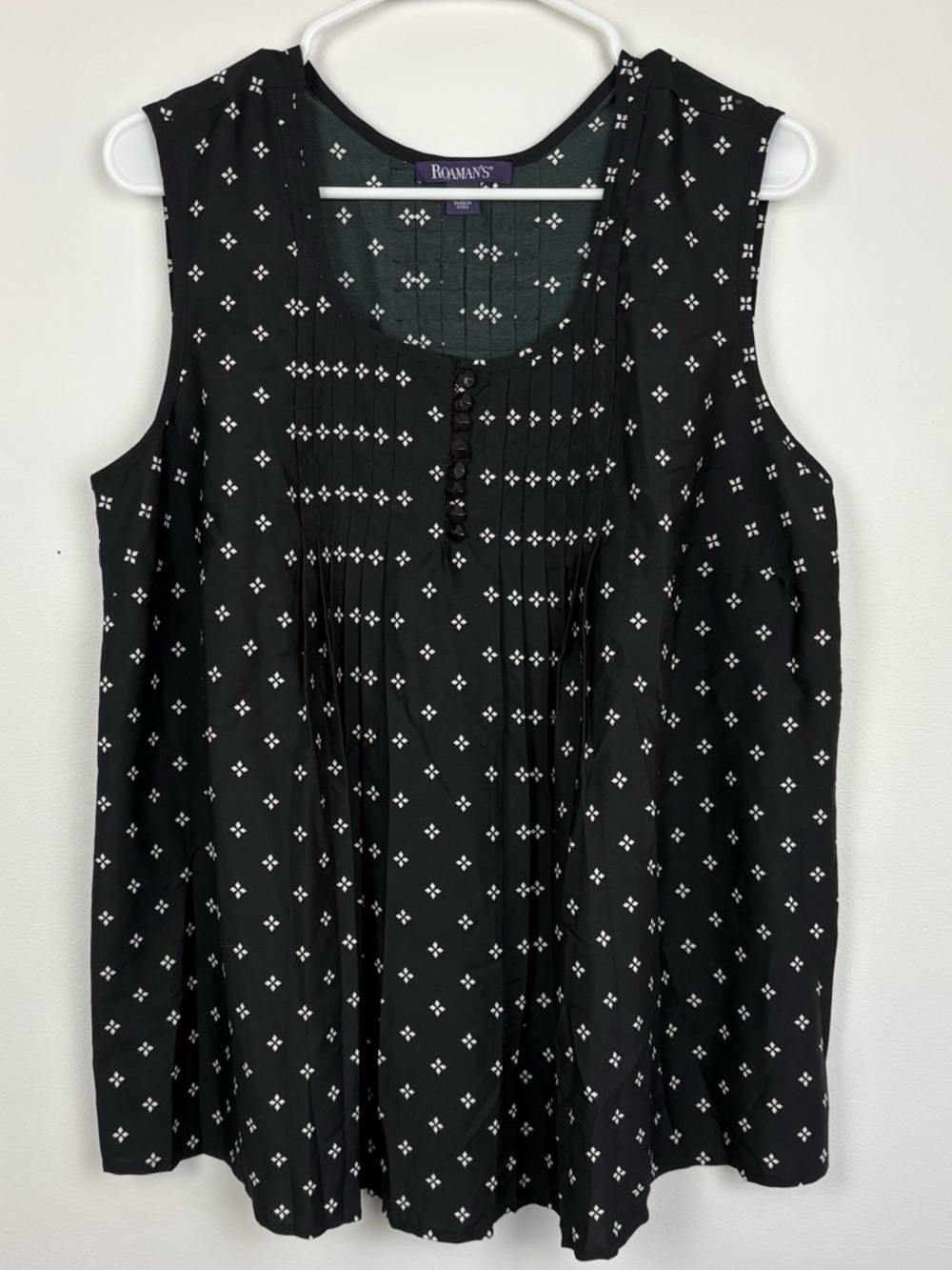 Roaman's Black Tank with White Diamond Print and Pintuck Front size 16W